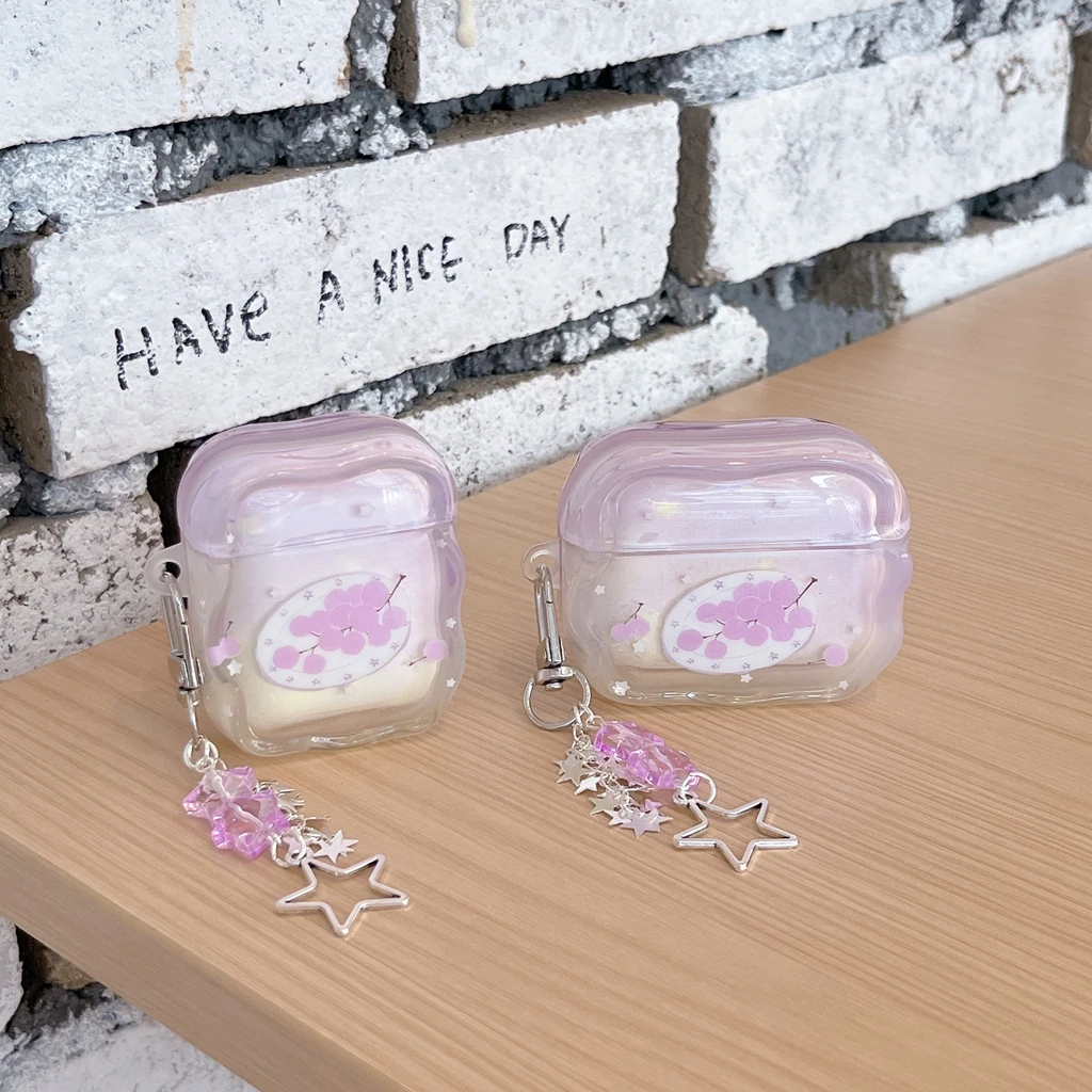 Sweet Girly Style Gradient Purple Grape Wavy Edge With Stars Pendant Earphone Cover Case for AirPods 1 or 2 3 4 Pro 2 Pro 3