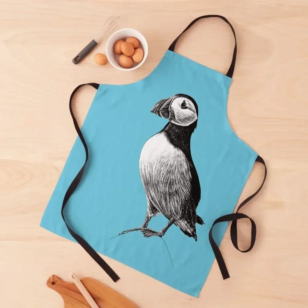 Atlantic Puffin - wild seabird - black and white animal ink illustration - blue Apron barber men cook wear Apron