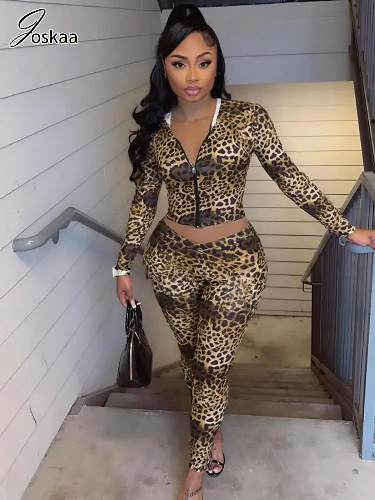 

Joskaa 2025 Women's Print 2 Piece Set Sexy Full Sleeve Zip Hooded Crop Tops+Skinny Pants Matching Tracksuits Y2K Streetwear