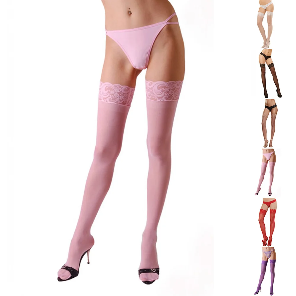 Sexy femmes dentelle florale Patchwork sur genou cuisse haute élastique rouge bas Ultra mince translucide longues chaussettes rose peau violet