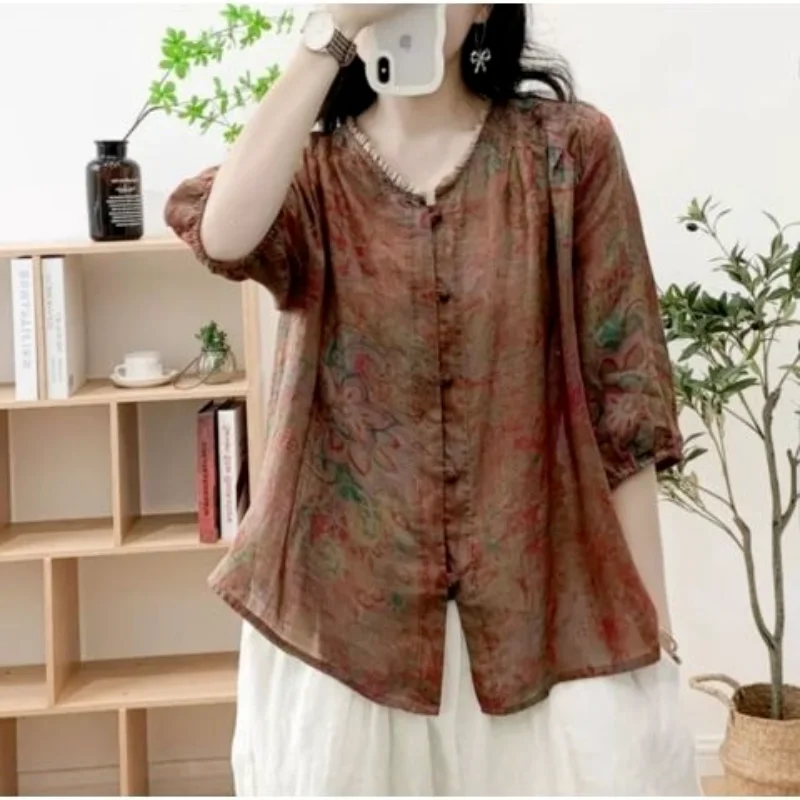 Vintage Women's Clothing Summer New Printed Loose Thin Simplicity Commute Three Quarter Fashion Casual Korean Version Blouse