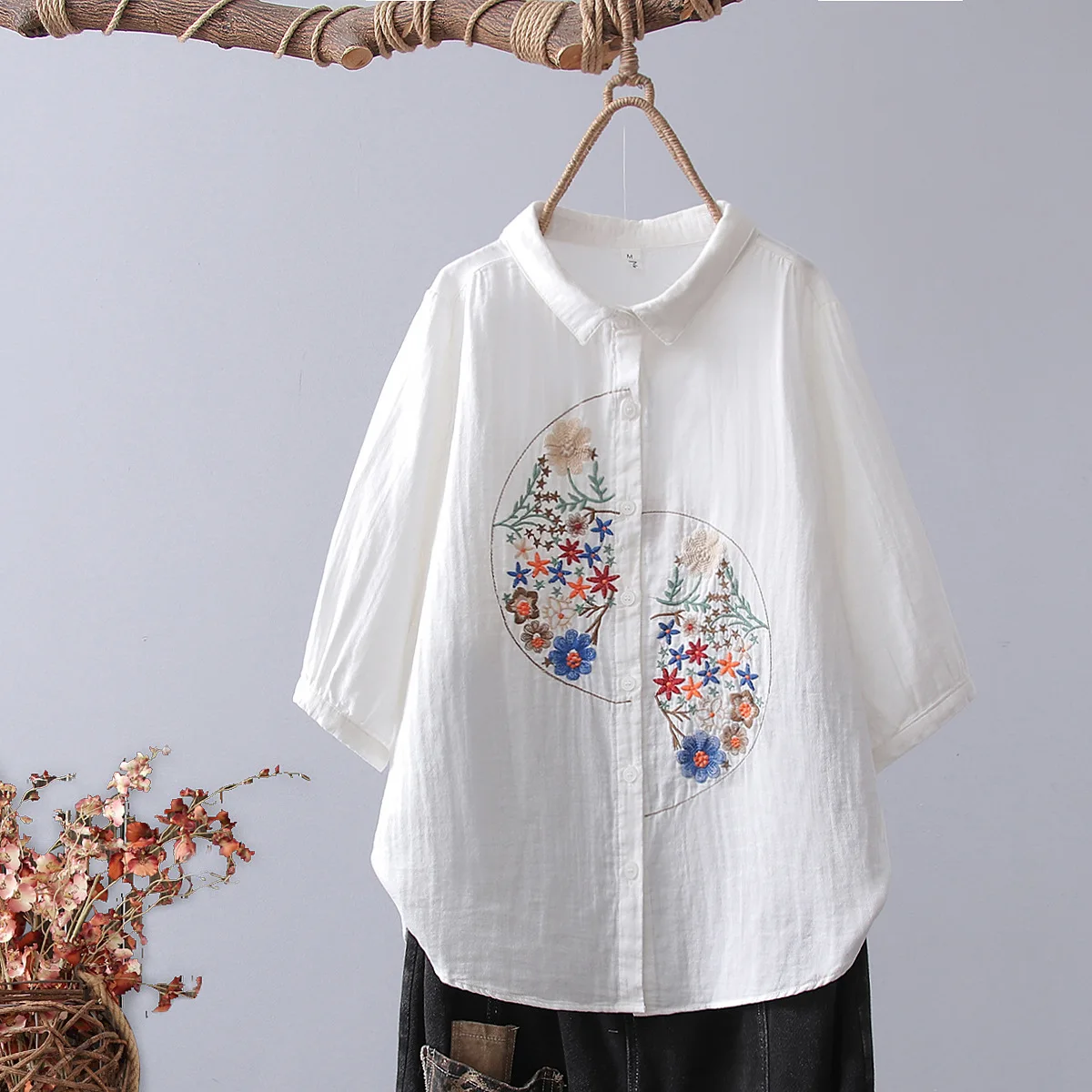 Summer Women White Embroidery 3/4 Sleeves Cotton Yarn Blouses Loose Lady Tops Female Clothes Japan Style Female Shirt