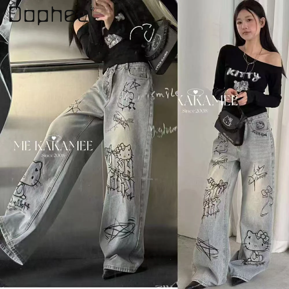 

Painted Wide Leg Jeans Women High Waist Light Blue Jeans Spring Autumn Graffiti Fashion Cartoon Straight Pants Baggy Jeans