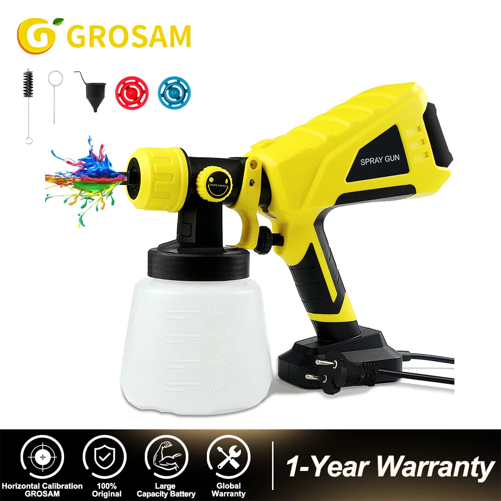 

GROSAM 1000ml HVLP Spray Gun Painting Electric High Pressure Airbrush Tools 600W Electric Spray Gun 3 Nozzle Sizes