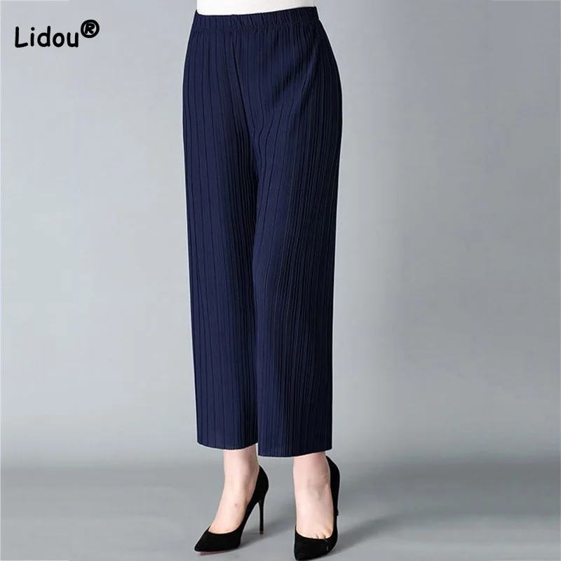 

Summer Women Korean Chiffon Bouffancy Pants Casual Elastic High Waist Solid Loose Nine Points Wide Leg Trousers Mom's Costume