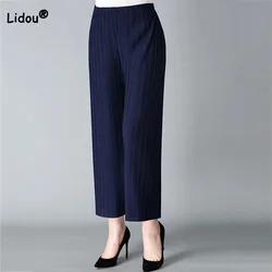 Summer Women Korean Chiffon Bouffancy Pants Casual Elastic High Waist Solid Loose Nine Points Wide Leg Trousers Mom's Costume