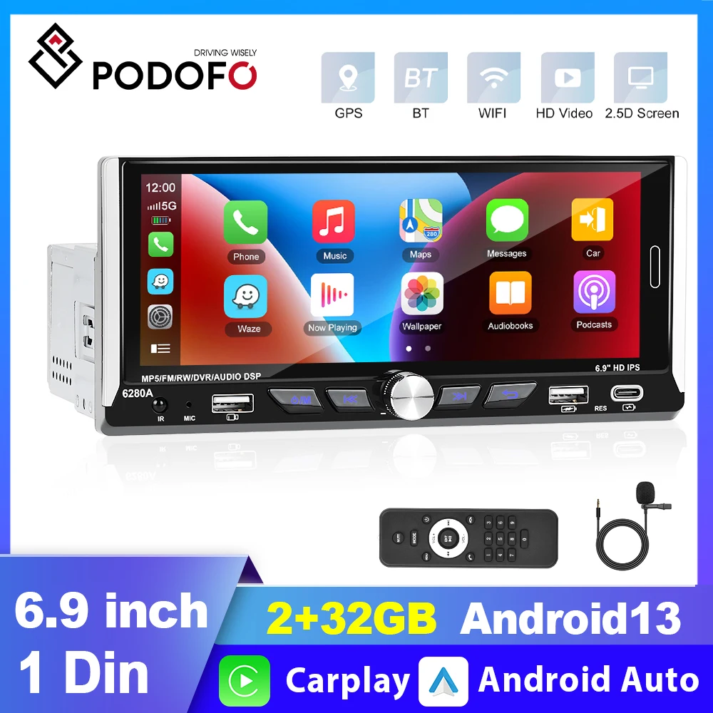 Podofo Android 1 Din GPS Car Stereo Radio 6.9'' HD 1080P 2.5D Tempered Glass Mirror Car MP5 Player with Bluetooth WIFI GPS FM