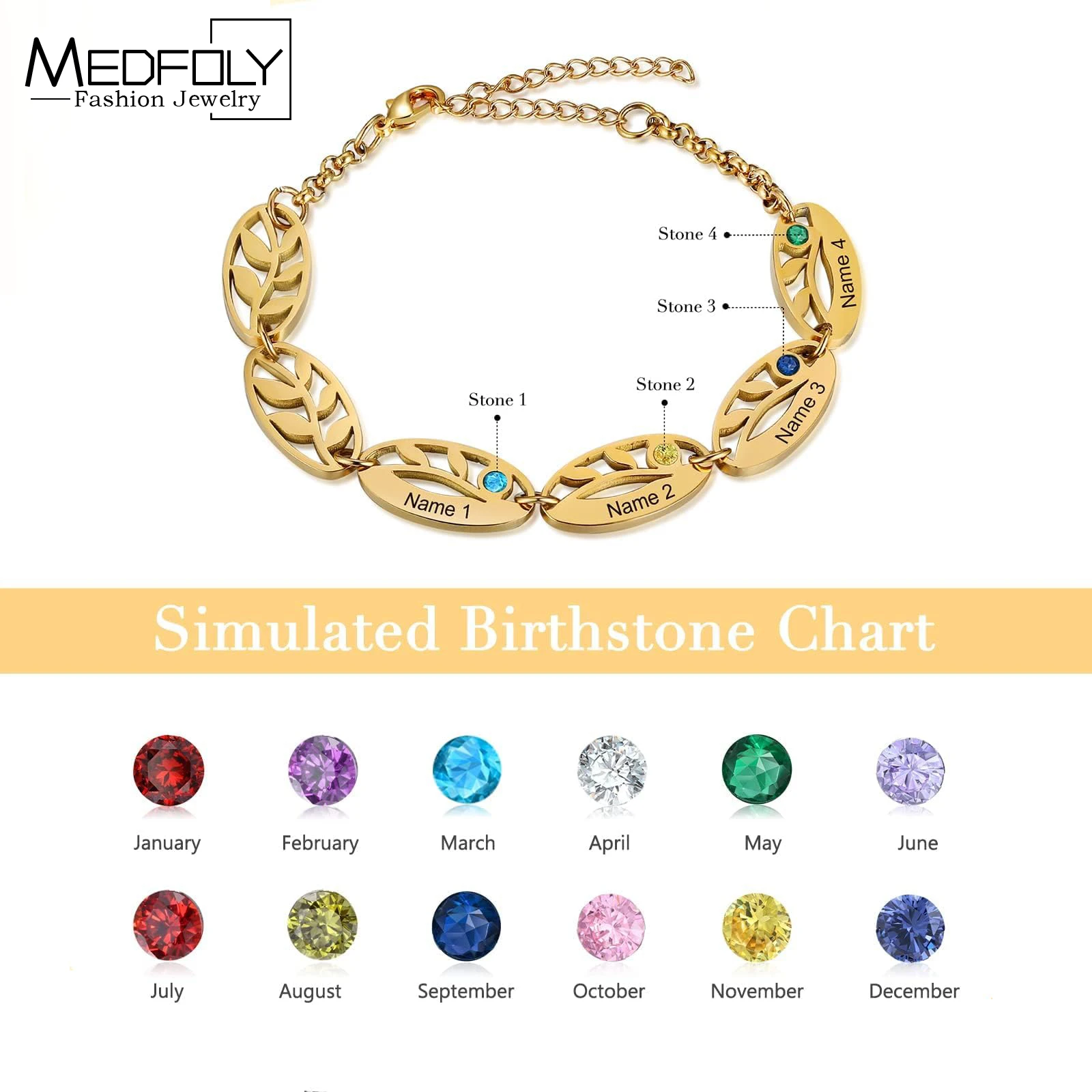 

MEDFOLY Custom Personalized 1-6 Birthstone Bracelet for Women Fashion Stainless Steel Engraved Name Bracelet Birthday Gift