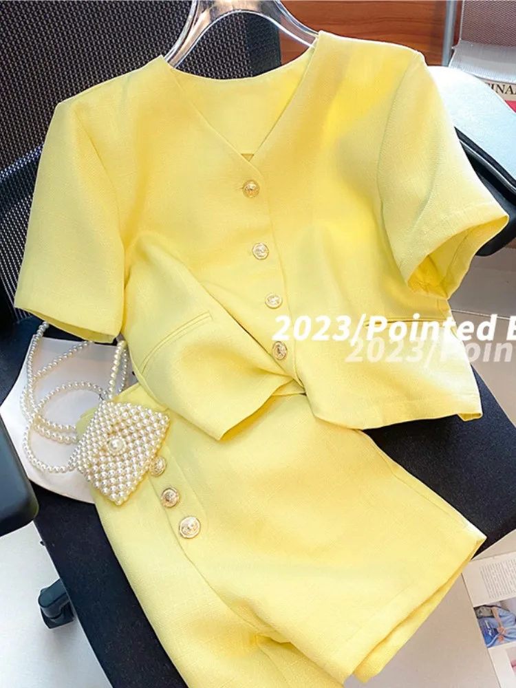 

Women Vintage Fragrant Matching Yellow Outfits Shirt Tops And Short Two Piece Set 2023 Summer New Prom Party Pant Suit Clothing