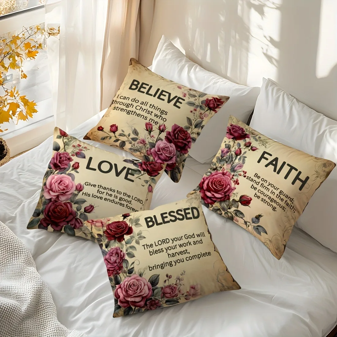 

Vintage Rose Inspirational Pillowcase, Faith Love Blessed Quote Design, Rustic Christian Home Decor Cushion Cover