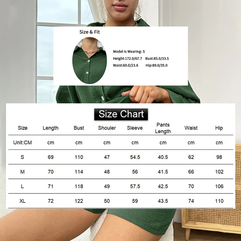 Women\'s Sleepwear Home Clothes Summer Casual 2 Piece Outfits Cotton Linen Sets Button Down Shirt Shorts Pajama Loungewear Pj Set