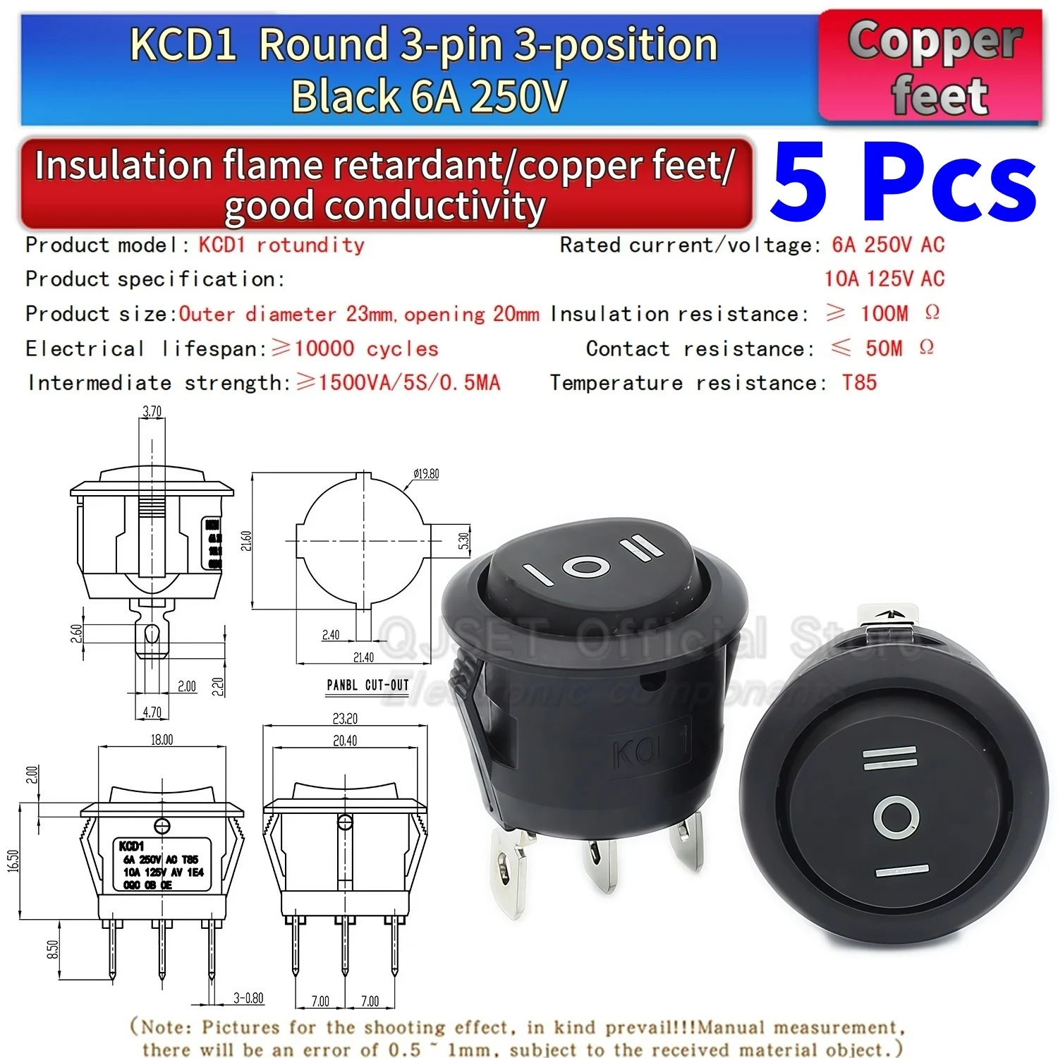 5 Stück KCD1 EIN-AUS-EIN 2/3/4-Pin 2/3-Positionen Einrastbarer 6A 220V Grüner Roter LED Runder Wippschalter für Haushalt DIY Ersatz – Detail 17