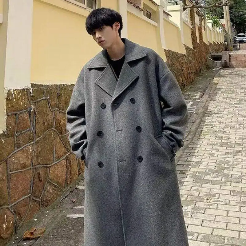 

Thickened Woolen Coat over Knee Black Autumn Winter Men's Business Style Double Breasted Hooded Pure Color Casual Fashion