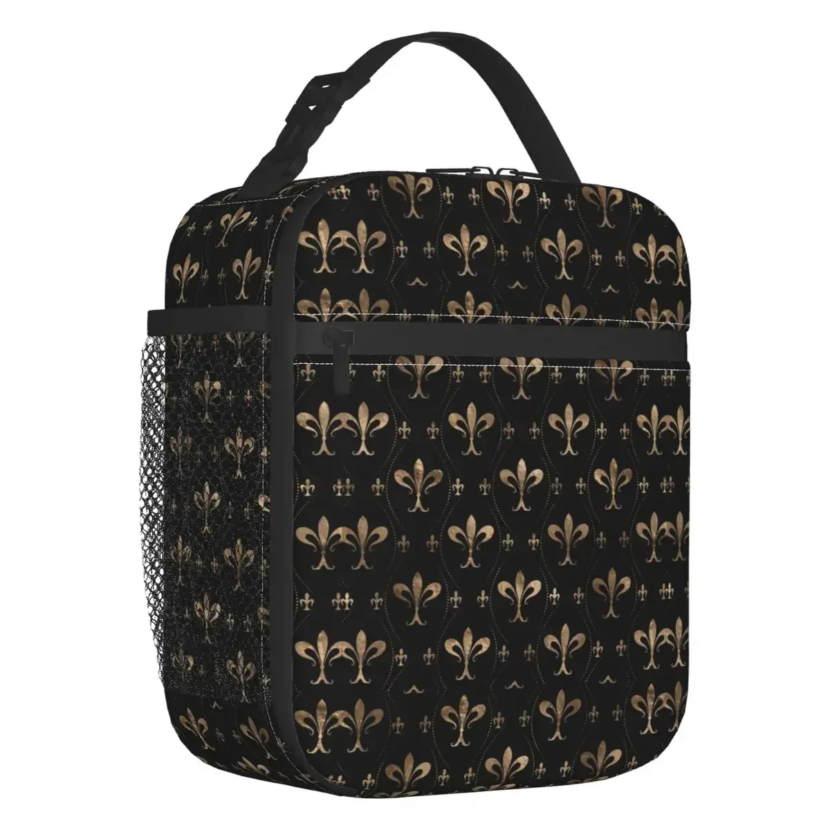 Fleur De Lis Lily Flower Pattern Black And Gold Portable Lunch Box Waterproof Royalty  Petals Thermal Cooler Food  Bag