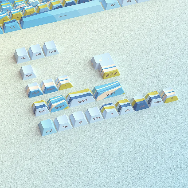 Keycaps PBT Dye-sub Garis Kuning & Biru 128PCS Mini Full Set Dapat Disesuaikan dengan Cetak Samping Backlit Profil OEM