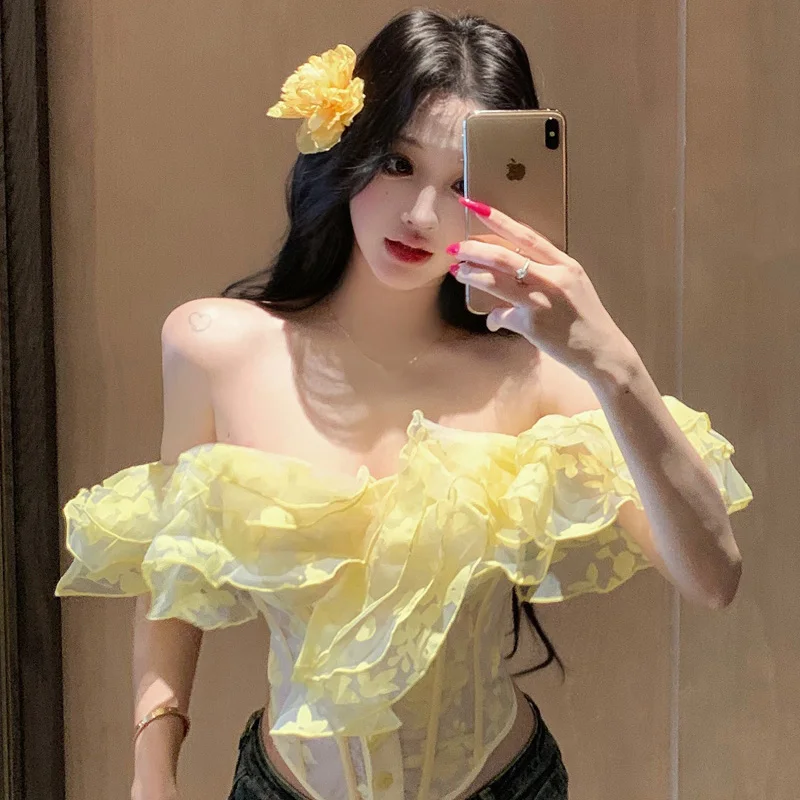 

Yellow Lace Trim Csole Tank Top Women's Summer New Sle Slimming Design Fibone Bustier Tube Top ort Length Svel