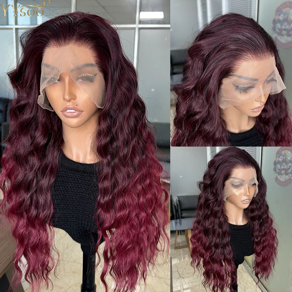 YYWigs 1B/39 Dark Roots Ombre 13x6 Lace Front Long Water Wave Heat Resistant Futura Fiber Synthetic Frontal Wigs for Black Women