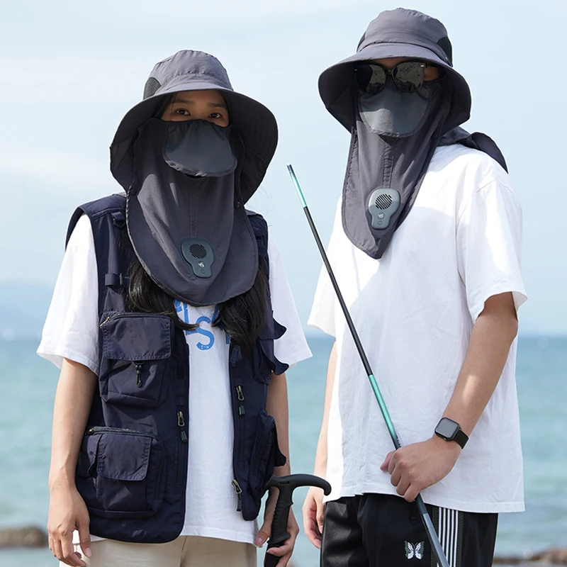 Outdoor Wide Brim Sun Hat With Fan Neck Protection Breathable anti-ultraviolet Mountaineering Fishing All-round Sun Hat