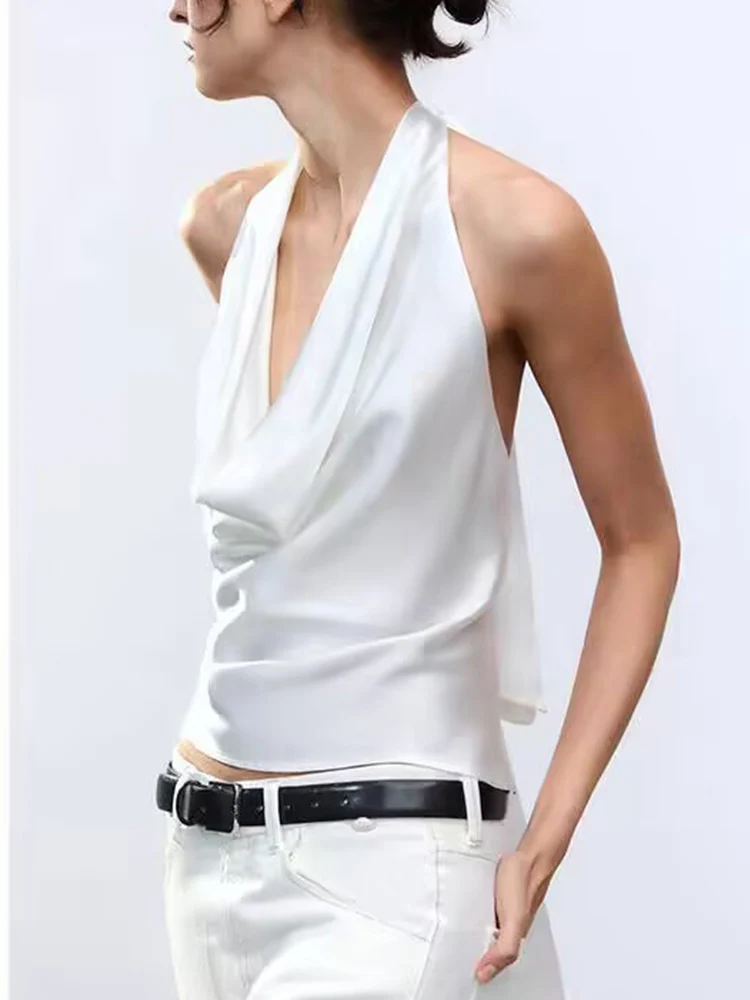 

Summer women's slim fit women's fashionable hanging neck collar casual satin camisole, adjustable tie, sleeveless backless solid