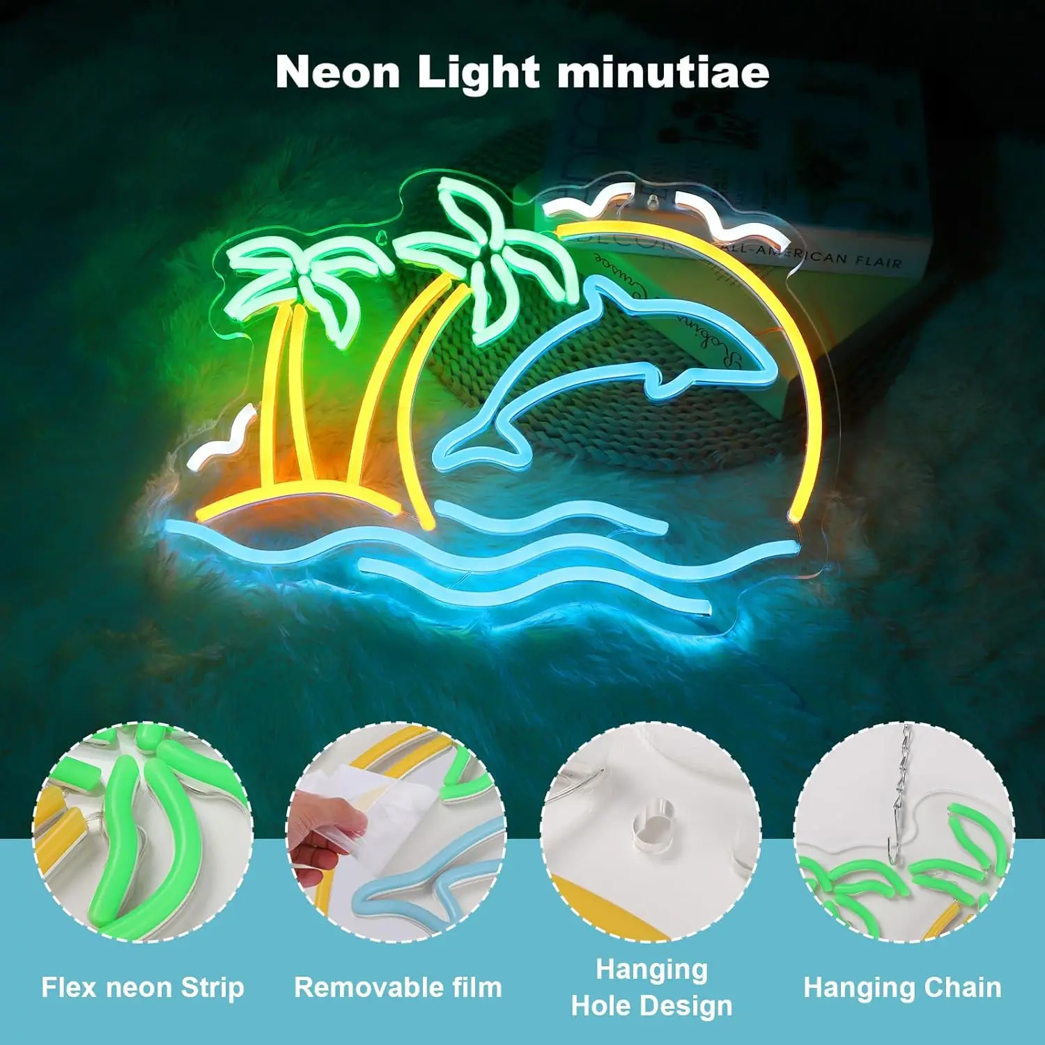 코코넛 나무 돌고래 네온 사인 로고 벽 장식 열대 하와이 태양 파도 파인애플 하와이 파티 티키 바 해변 파티 생일