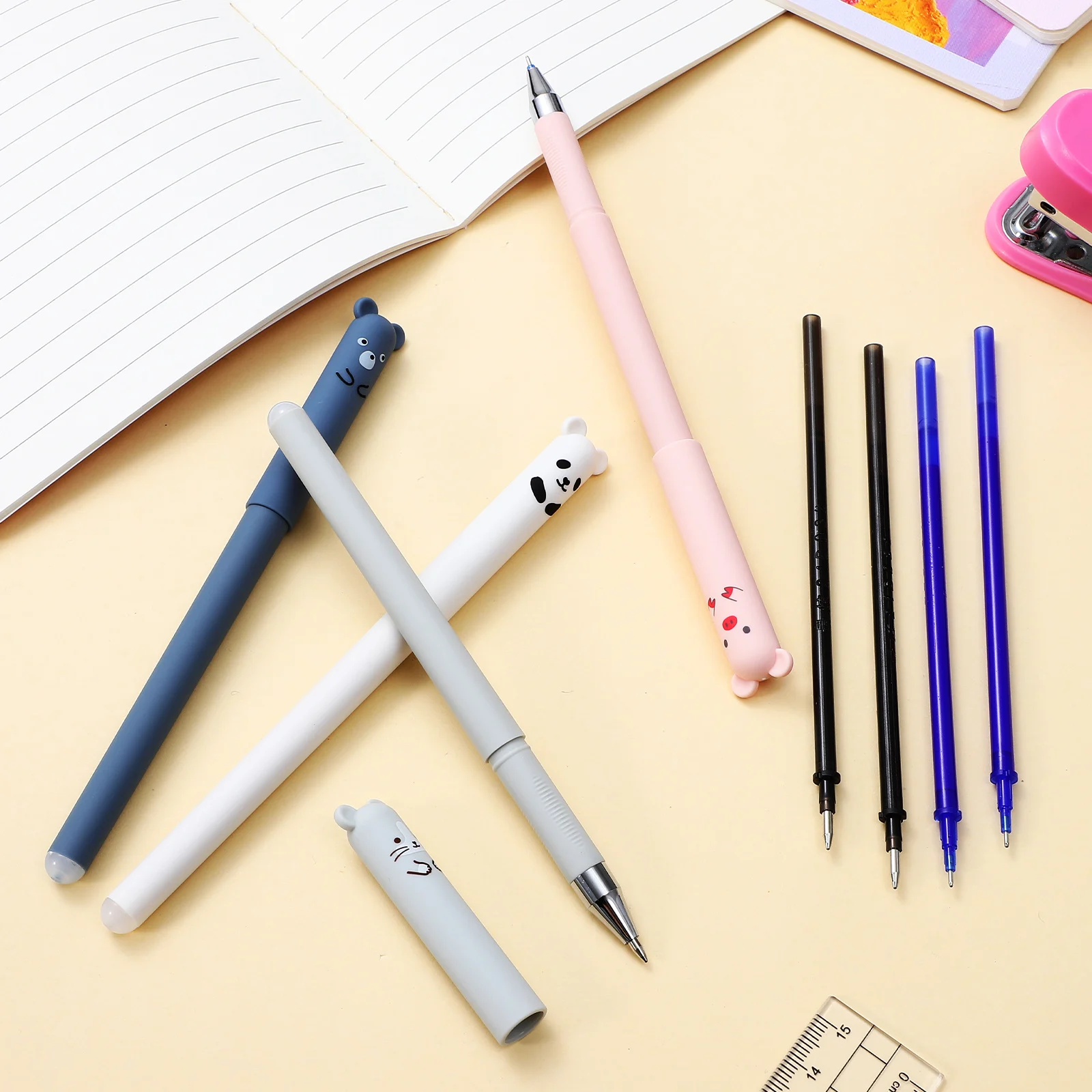 

8 pcs Erasable Ballpoint Pens Smooth Writing Black Ink Refillable Cartoon Caps Pen Refills School Supplies