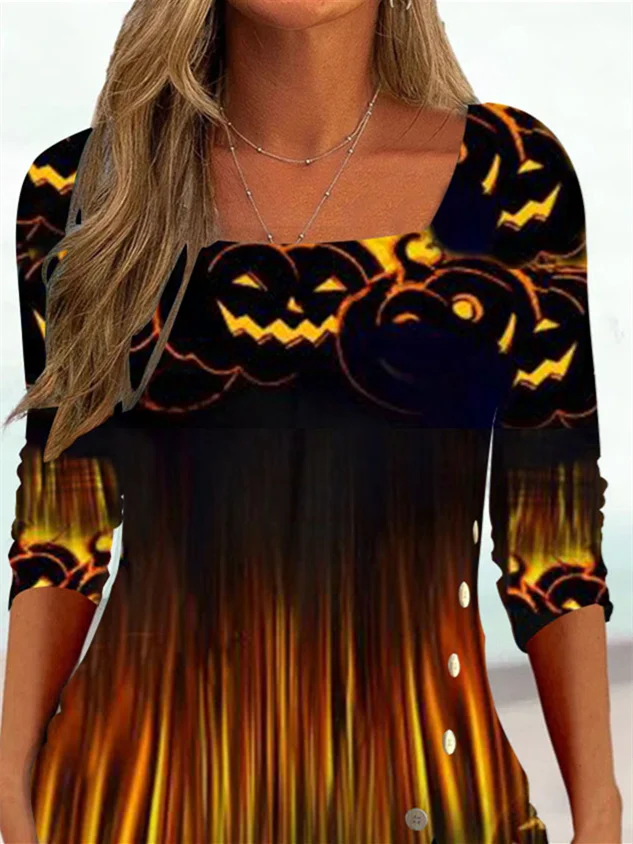 Plus Size Women Long Sleeve Square Neck Graphic Halloween Tops