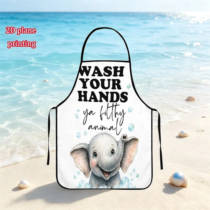 1PC【Apron】2DFlat effect，Cute watercolor elephant fun print，Supported by durable materials，Suitable home kitchen cooking、Outd