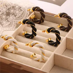 Vintage Women's Leather Twine Hoop Earrings Stainless Steel Gold Plated Twist Waterproof C Shape Stud Earring Ear Cuff For Women
