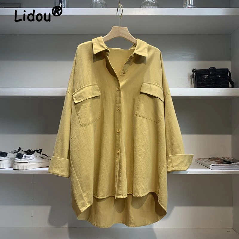 Women Y2K Vintage Asymmetrical Oversized Streetwear Single Breasted Shirt Trendy Casual Solid Long Sleeve Blouse Tunic Tops Ropa