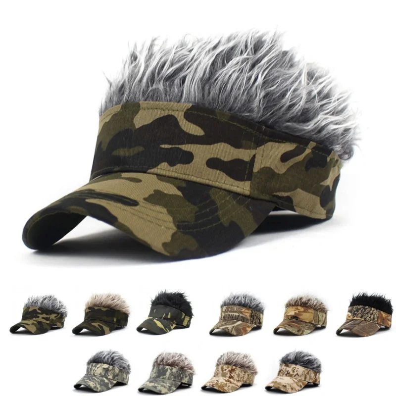 Outdoor Camouflage Armygreen Jungle Sunshade Sunhat Spiked Hairs Wig Hat Sports Baseball Cap Synthetic Short Hair Wigs Hat Visor