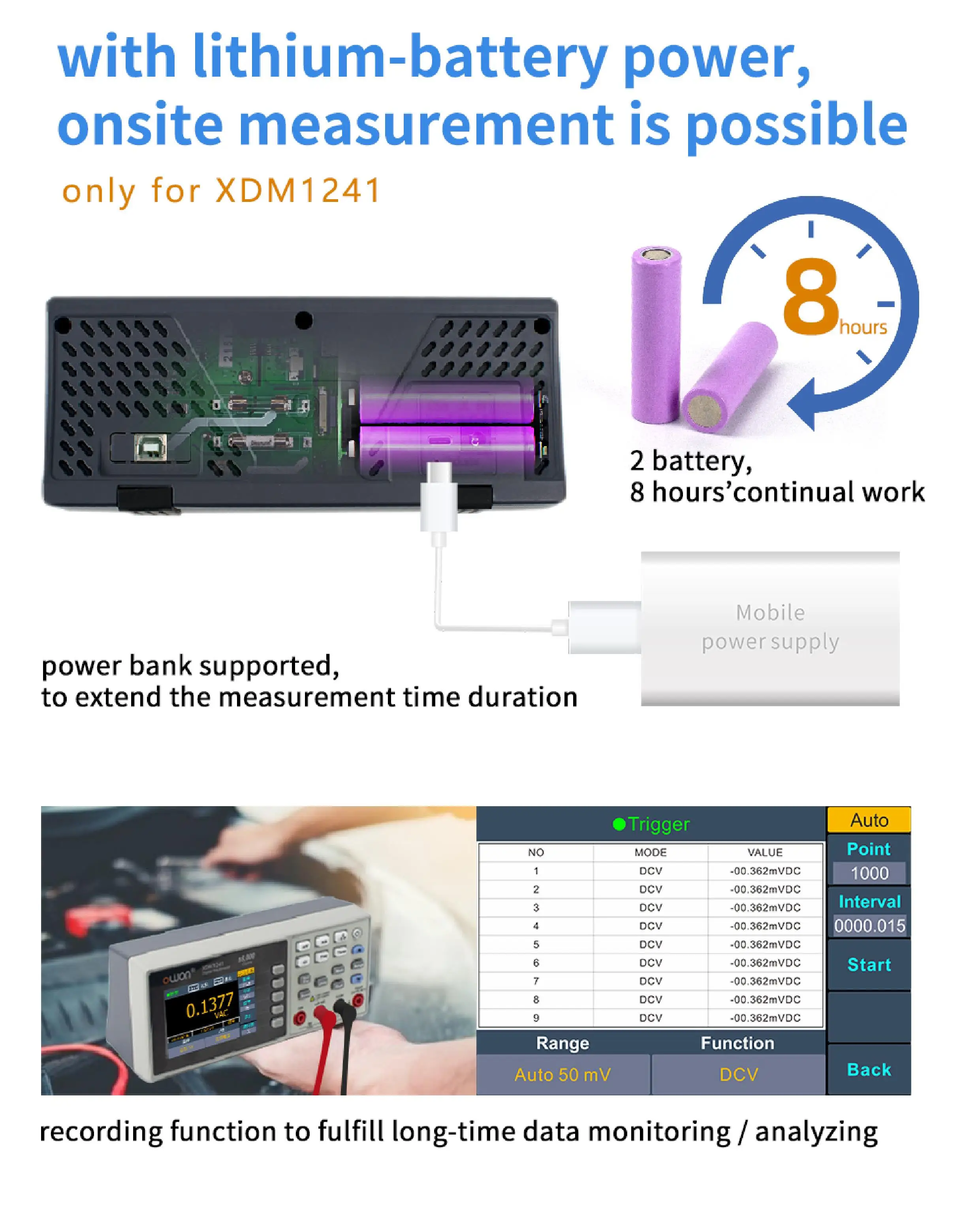 Imagem -06 - Owon Banco Digital Multímetro Xdm1241 18650 Bateria de Lítio 55000 Contagens dc Voltímetro ac Amperímetro hz Temp Desktop Tester