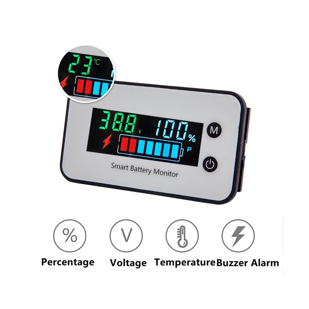 IPX7 Waterproof Battery Monitor 7-100V Battery Capacity Tester Meter with Buzzer Alarm Temperature, Multicolored Screen