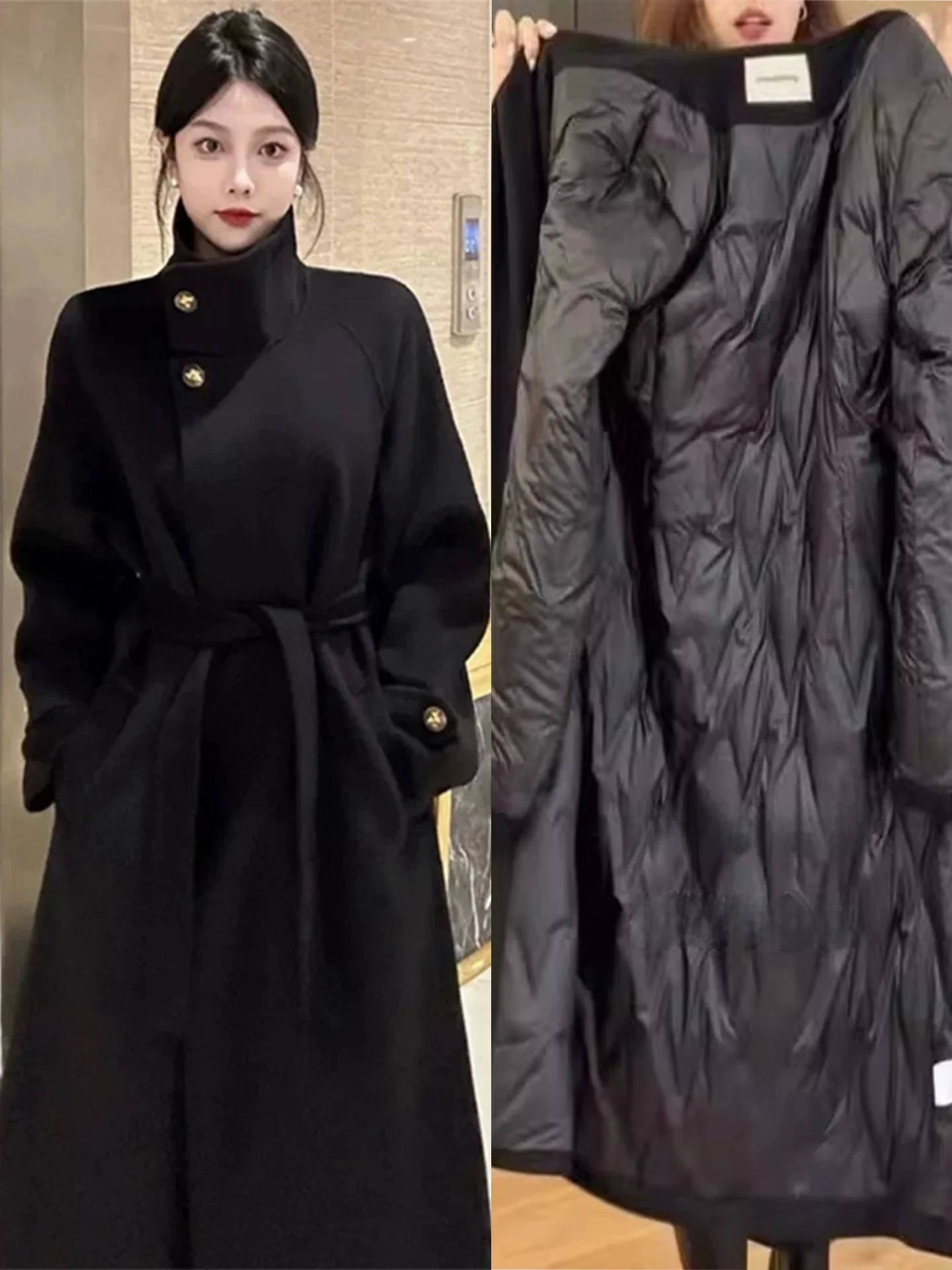 

Ele Bla Stand Collar Thiened Woolen Women's Jaet Autumn Winter New Sle Hepburn Sle Fce Lined Inner Coat