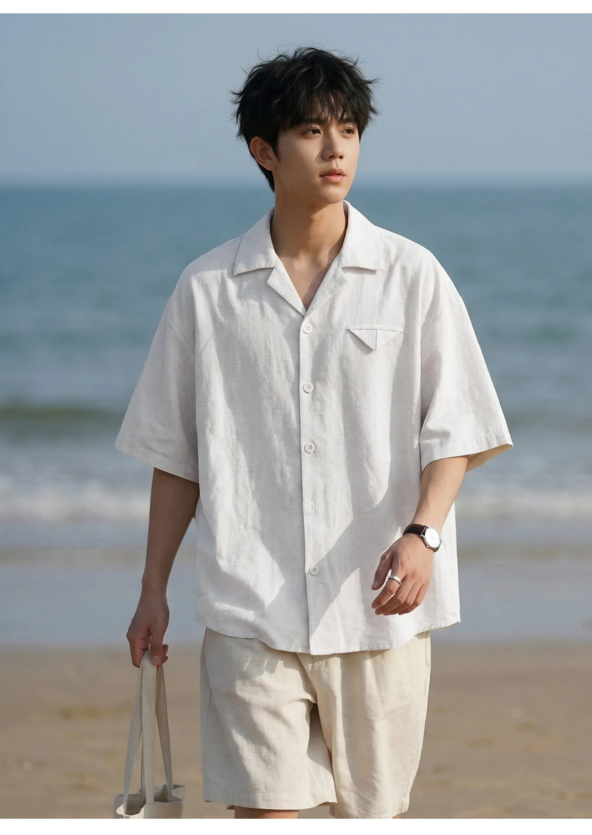 

Men's linen-textured Cuban collar short-sleeve shirt - summer thin, breathable, solid color, loose, drapey casual shirt jacket