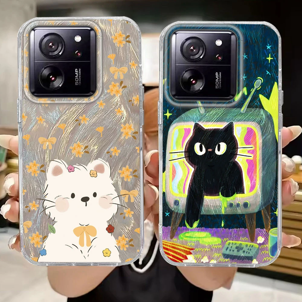 Für Xiaomi 13T 14T Pro 11 Lite NE Poco X5 X6 X7 M6 C65 C61 M5S Cartoon schwarz TV Katze Blume Telefon Fall Shell Frauen Luxus Abdeckung
