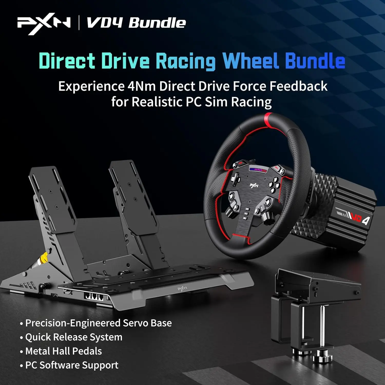 PXN Direct Drive Racing Wheel, VD4 Bundle - 4Nm Force Feedback Servo Motor Base,PC Sim Racing Bundle for Windows 7-11
