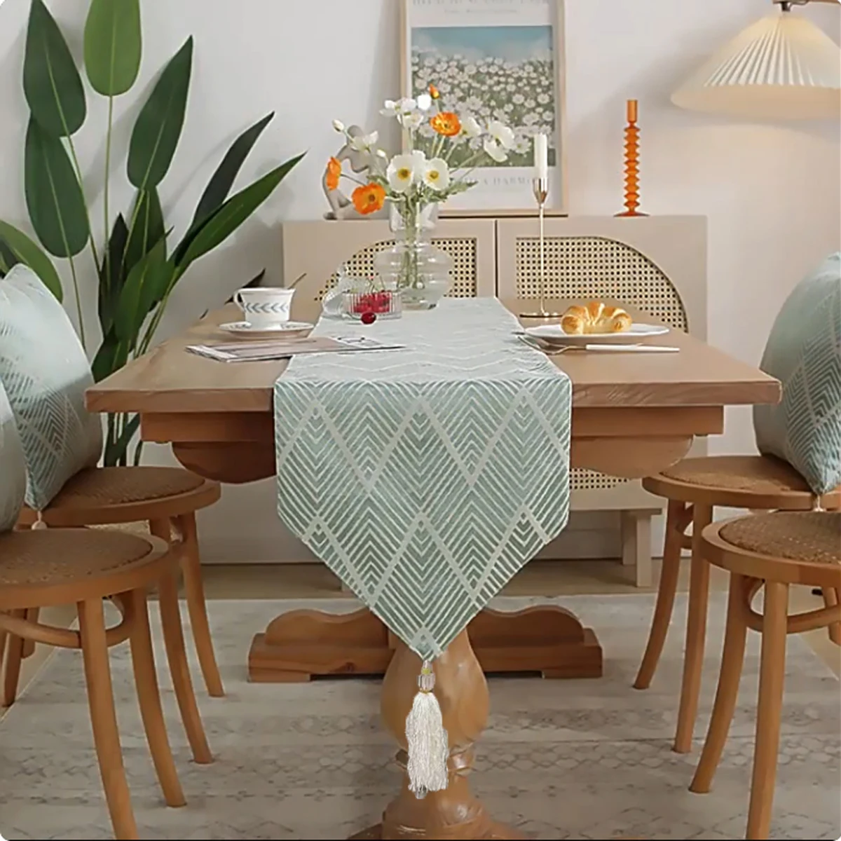 Bandera de mesa colgante de triángulo de onda verde, mantel de algodón y lino hecho a mano, borla, tapete de mesa de té, decoración de mesa larga para el hogar