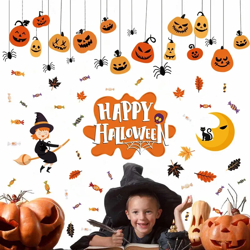 

2/4set Halloween Cartoon witch pumpkin spider festive atmosphere wall decoration window stickers Birthday Favorite Party gifts