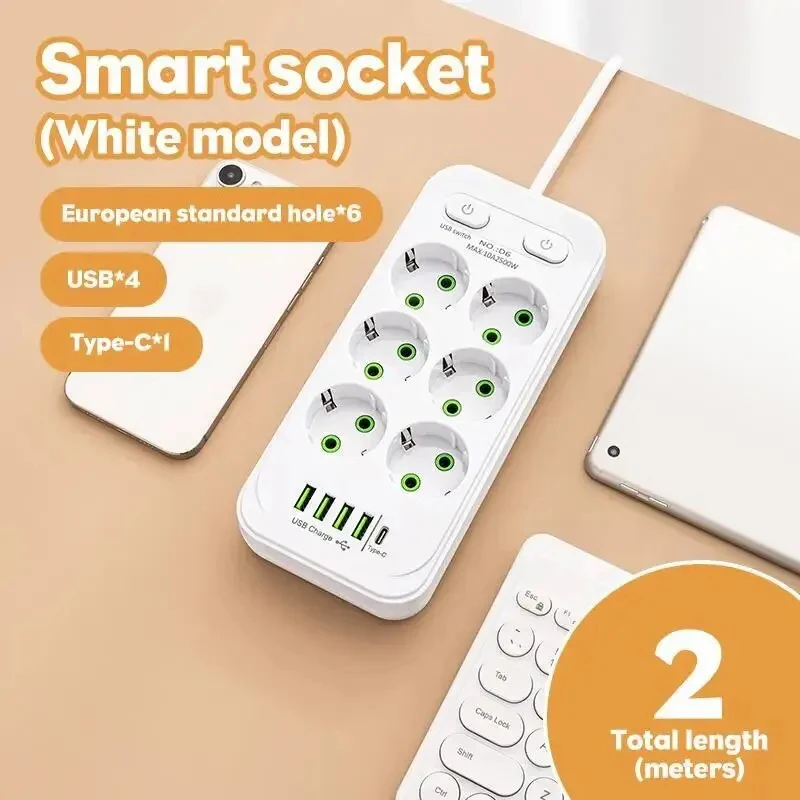 

Розетка переменного тока, многофункциональная вилка европейского стандарта, удлинитель 2 м, электрическая розетка, защита от перенапряжения для умного дома и офиса, сетевой фильтр