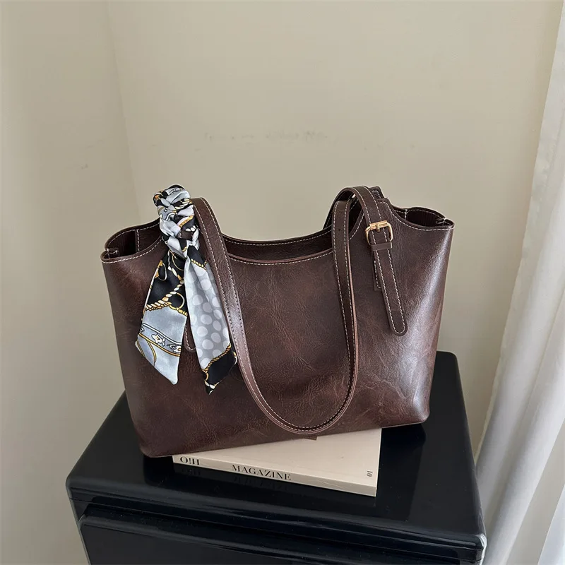 

Vintage Pu Leather Shoulder Underarm Bags for Women Large Capacity Ladies Work Tote Bag Solid Color Simple Female Scarf Handbag
