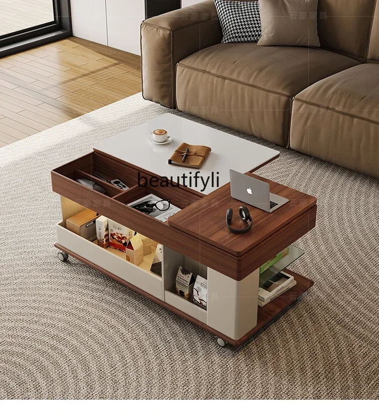 

A16 Movable Coffee Table Living Room Stone Plate Trolley Lifting Sofa Side Table Light Luxury Advanced Side Cabinet