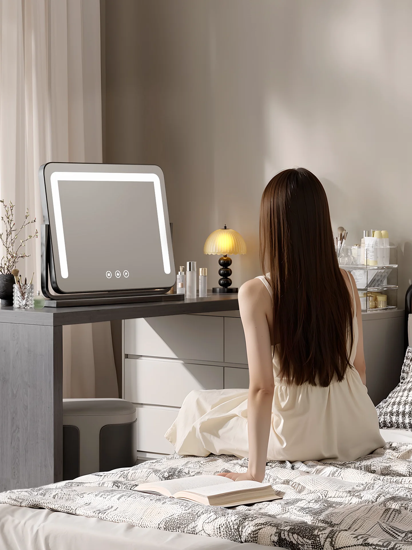 

Makeup Mirror with Lights, Tabletop LED Rotating Smart Mirror, Large Home Vanity Mirror with Lights
