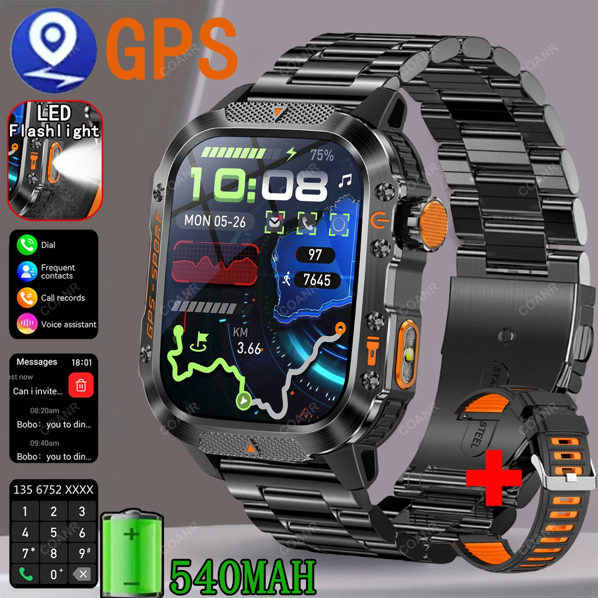 

Умные часы COANR 2026 военного класса для активного отдыха с GPS, компасом, альтиметром, функцией звонков, водонепроницаемые, для мужчин, для плавания, спорта и фитнеса