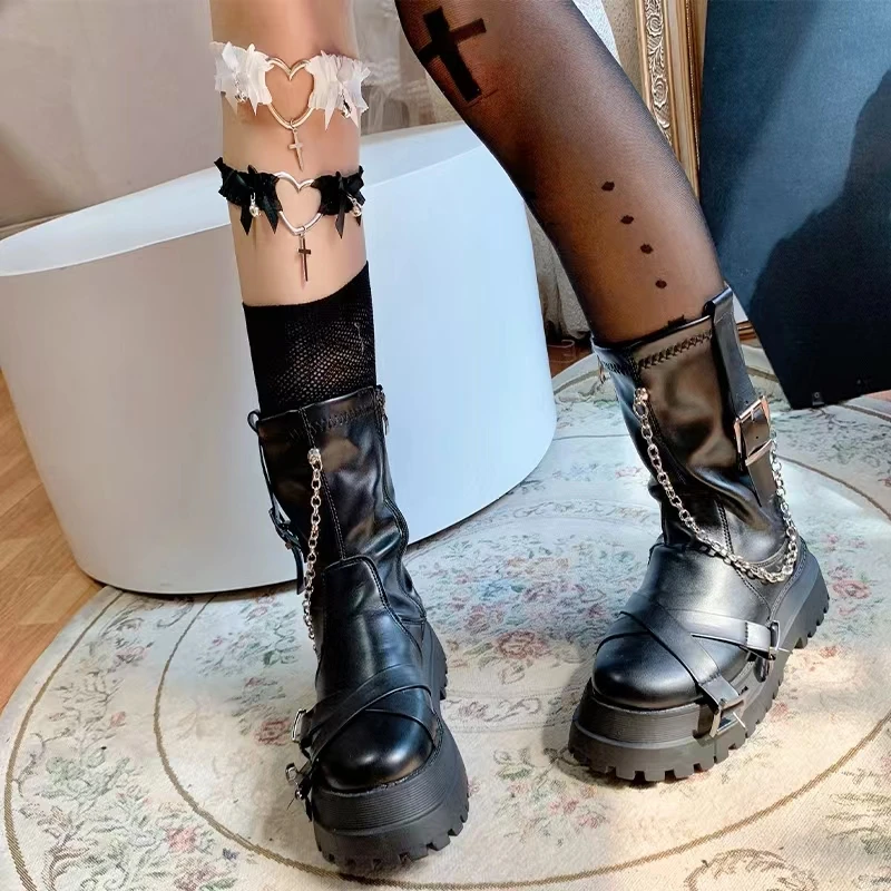 Lolita ลูกไม้ Cavile Cross ต้นขาแหวนโบว์หัวใจรักแหวนหวานอุปกรณ์เสริม Lolita คอสเพลย์อะนิเมะ Kawaii อุปกรณ์เสริม