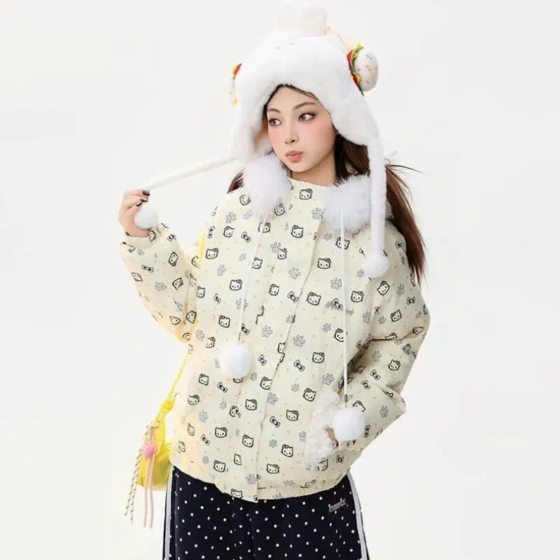 

Sanrio Hello Kitty, зимняя толстая куртка с шерстяным воротником и капюшоном, хлопок, Kawaii, модный повседневный женский костюм в стиле аниме, куртка,