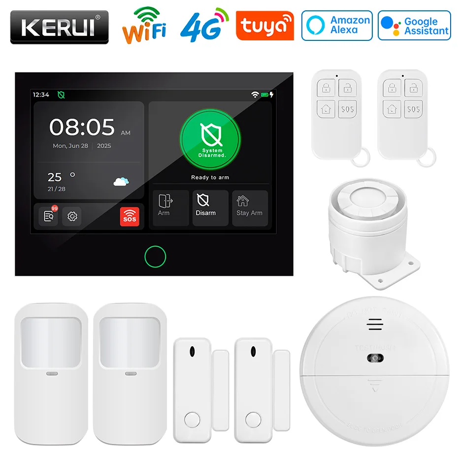 

KERUI 4G WiFi GSM Беспроводная домашняя сигнализация GSM 7-дюймовый IPS Большой сенсорный экран Tuya Smart APP Безопасность охранная система Alexa