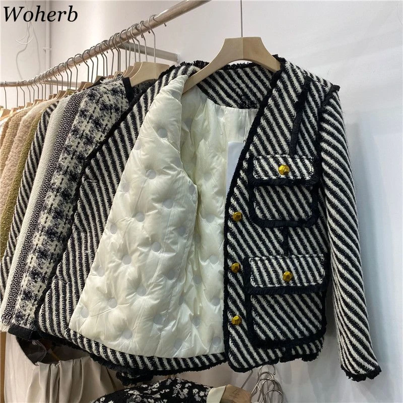 Korean Tweed Stripe Jacket Women's Clothing V-neck All Match Tassels Temperament Tops 2025 Ropa Mujer Loose Fashion Vintage Coat