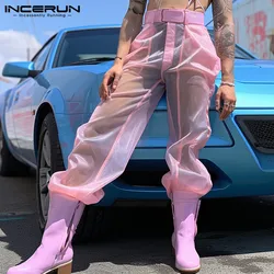 INCERUN 2024 American Style Pantalons Men's Solid See-through Mesh Long Pants Leisure Clubwear Sexy Hot Sale Thin Trousers S-5XL