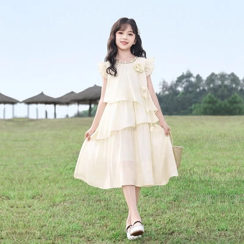 

Girls' summer dress, new summer princess dress for older children, chiffon high-end cake dress for little girls