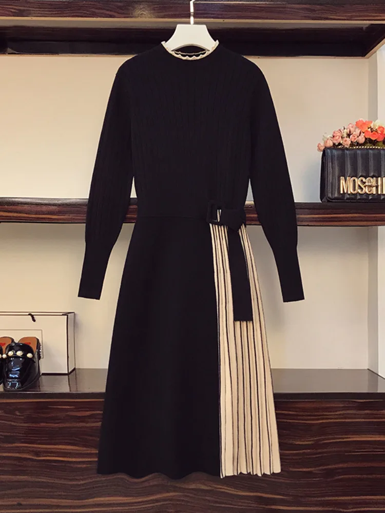 

Long Sleeve OL Midi Knitted Runway Vestidos Robe New Autumn Winter Women Fashion Stitching Stripe Pleated Sweater Dress Elegant